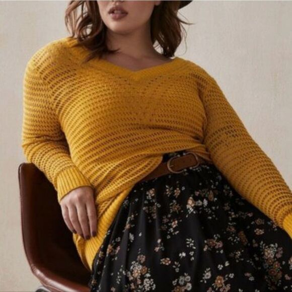 3/$30 EUC Addition Elle 2X Mustard Yellow Open Knit V-Neck and Back Long Sweater - Picture 3 of 9